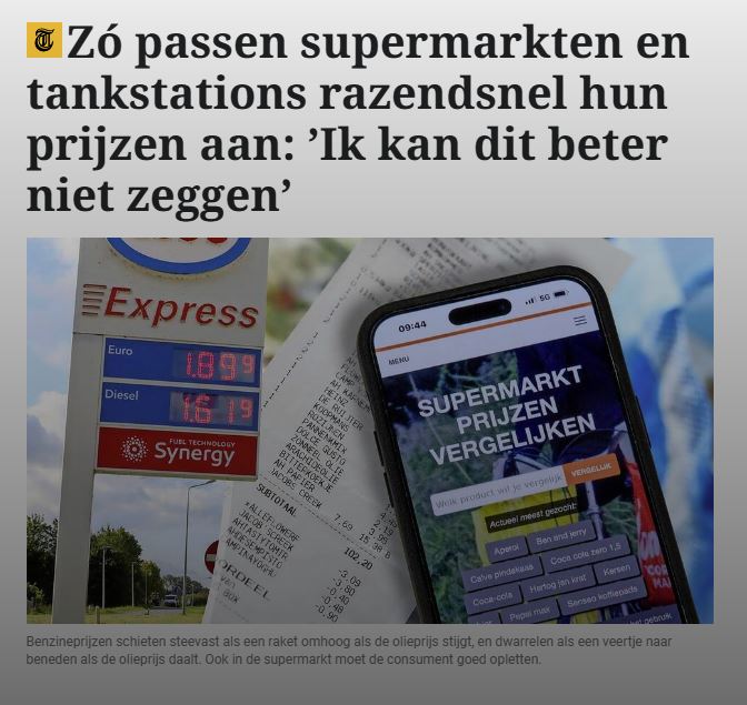 De Telegraaf: Zó passen supermarkten en tankstations razendsnel hun prijzen aan — met Supermarktscanner.nl app zichtbaar in beeld